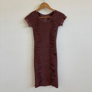Aura Brown Body Con Short Sleeve Ruched Cut Out Dress Size XS/S